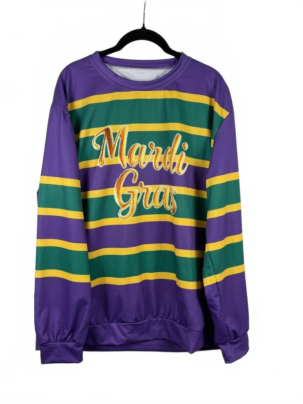 Mardi Gras Striped Long Sleeve Sweatshirt - Purple Green Gold - Size XL